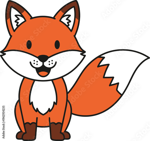 A smiling cartoon fox with whiskers sits on ground looking happy outside