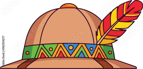 Safari pith helmet with colorful tribal band and feather, flat vector illustration on white background
