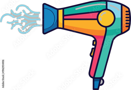Colorful hair dryer vector illustration with wind airflow in flat design style
