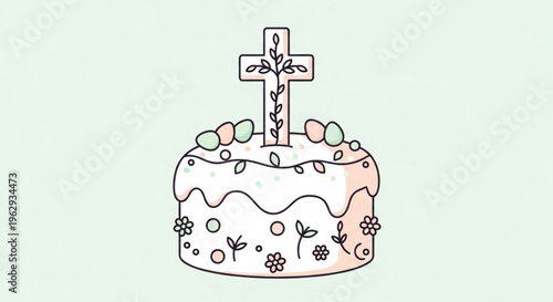 Easter cake with cross and eggs on top decorated with flowers and leaves on white frosting symbolizing springtime celebration