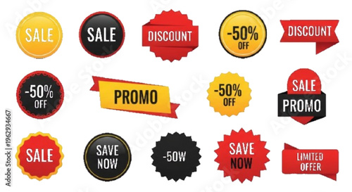 Sale and discount badges set, promo labels, marketing stickers, clean vector, white background