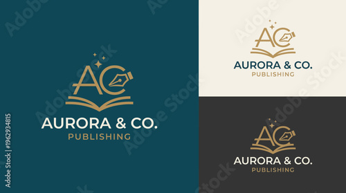 This image showcases an elegant collection of logos for Aurora & Co. Publishing, incorporating elements like a book and pen to represent creativity and literary excellence.