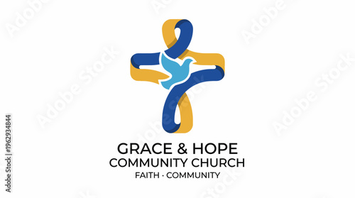 A meaningful logo for a community church, featuring a cross entwined with vibrant ribbons symbolizing faith, hope, and unity within a welcoming spiritual environment.