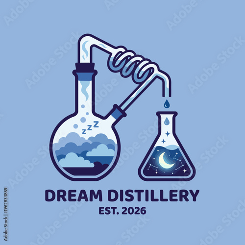 The logo features laboratory beakers, symbolizing innovation in distillation, representing a distillery that produces unique and imaginative spirits.
