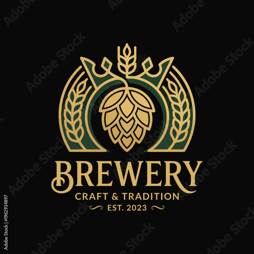 An elegant logo design representing a brewery, featuring hops and wheat, symbolizes the traditional craft of brewing beer with quality and heritage in mind.