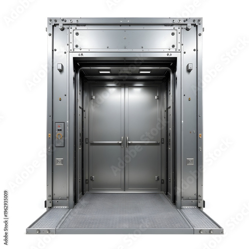 Heavy-duty industrial freight elevator with metal walls, reinforced doors, textured steel floor.
