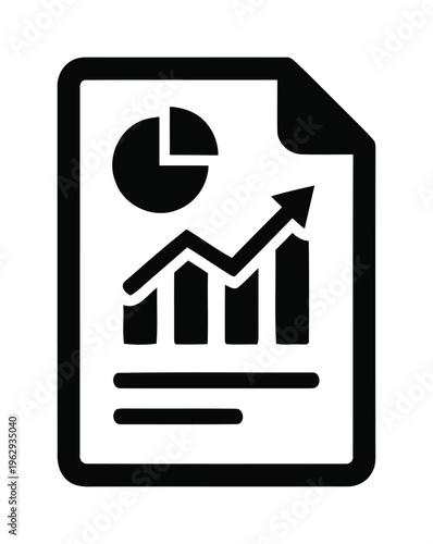 Business document icon with bar charts and a rising arrow illustrating financial success | black line art symbol for data analysis and reporting