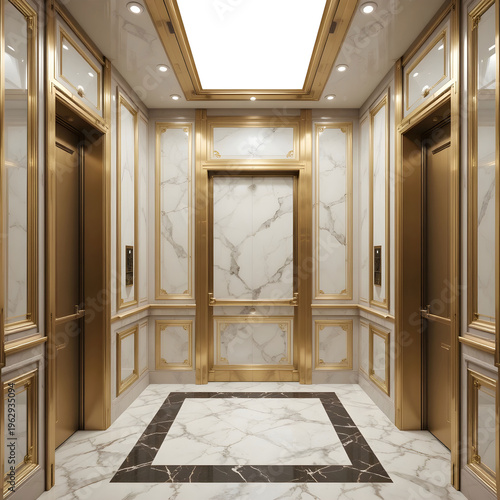 Luxury hotel elevator interior with gold trim, mirrored walls, marble floor.