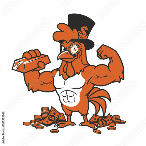 Strong Muscular Chicken Holding Gold Bar and Money.