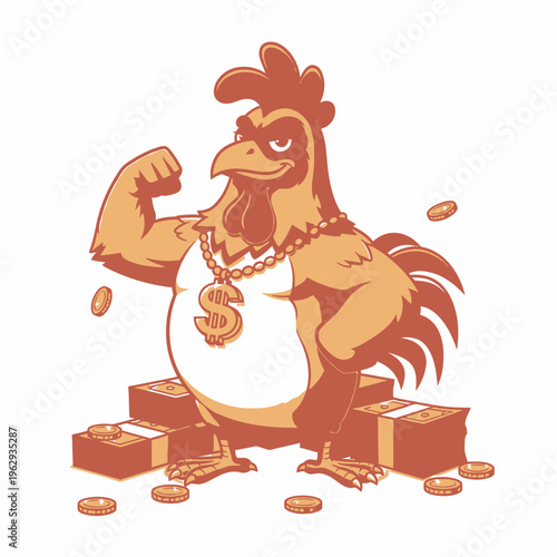 Strong rooster with dollar chain and money.