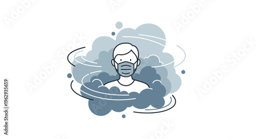 Person wearing face mask in smoggy air, pollution and breathing hazard concept, white background