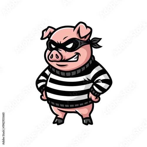 Cartoon pig dressed as a bandit with a mask and striped sweater.