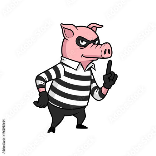 Cartoon pig dressed as a burglar with a mask and striped shirt.