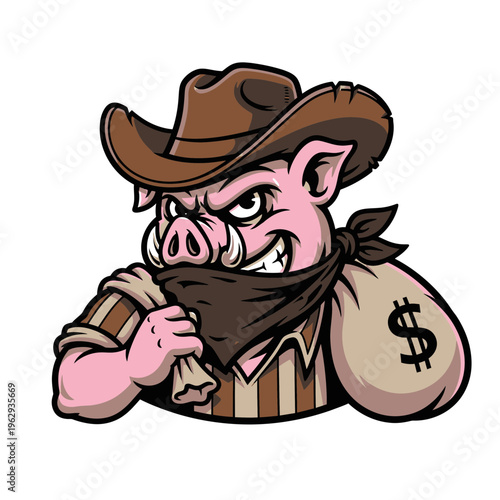 Cartoon pig cowboy bandit with money bag.