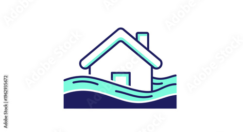House submerged in water waves, flood disaster icon on white background, represents flooding or water damage