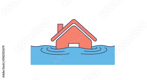 Red house submerged in blue water waves, property flood icon on white background, a simplified icon of a red house