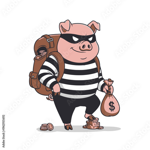 Cartoon Pig Thief Wearing Mask and Striped Shirt Carrying Loot.