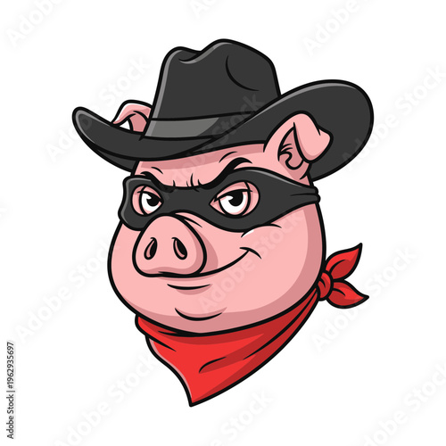 Cartoon pig wearing a black cowboy hat and a red bandana.