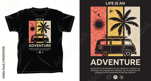 Vintage van life is an adventure t shirt design with sun palm trees and birds