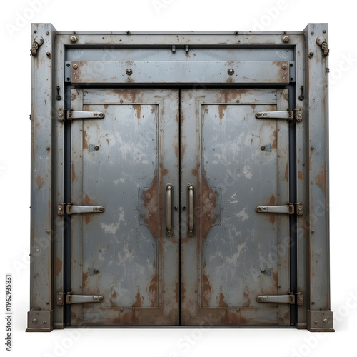 Photorealistic heavy-duty freight elevator with metal sliding doors, rugged steel texture.