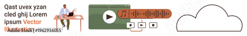 Online learning, digital content, cloud storage, music streaming, remote work, modern communication. Man at desk with a laptop, audio waveform play controls and a cloud icon. Online learning
