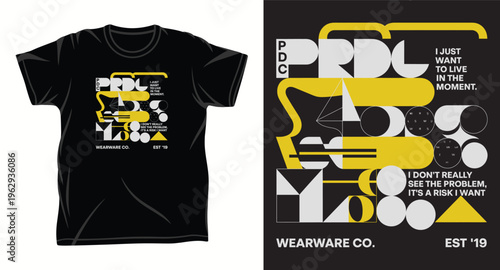Abstract geometric streetwear t-shirt design with yellow and gray shapes and modern quote typography