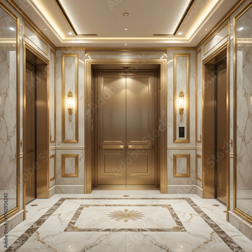 Photorealistic luxury hotel elevator interior with marble floor, mirrored side walls.