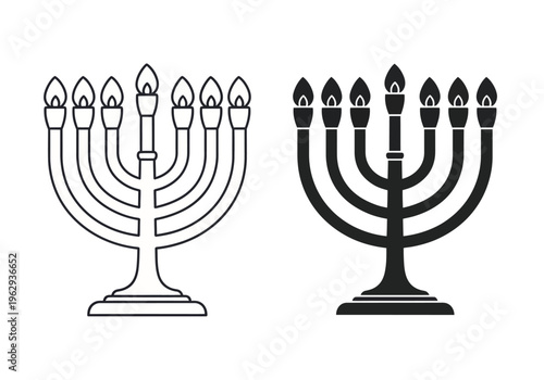 Menorahs with lit candles in black and white line art styles side by side