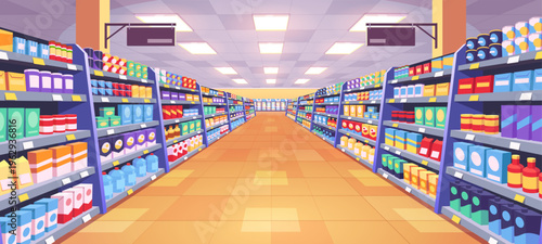 Aisle in grocery store, shelves vector background