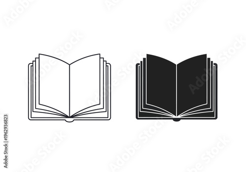 Two open books are shown side by side in line art and filled styles on white background