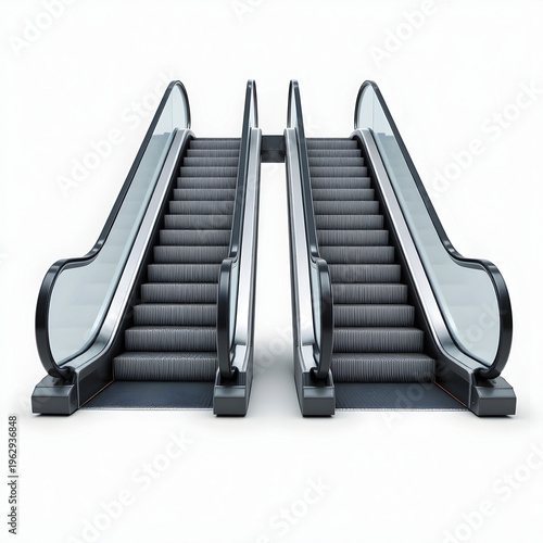 Photorealistic pair of parallel escalators (one up, one down) with brushed metal finish.