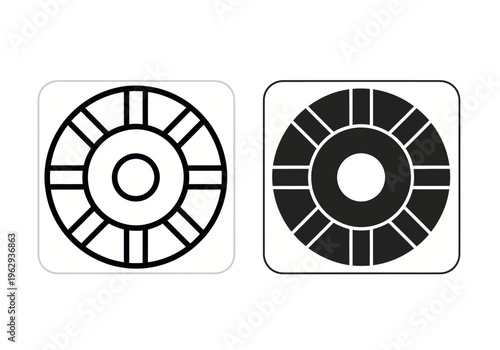 Two circular graphic designs on white background with black lines and shapes