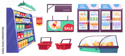 Isolated grocery store fridge cartoon vector set