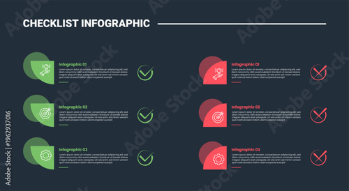 Checklist infographic process diagram with creative circle and quarter part on balance list with dark background bright outline style 6 points