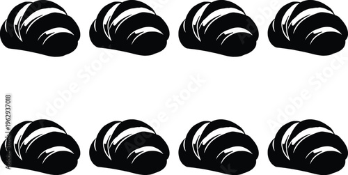 Eight black and white silhouette icons of croissants, representing breakfast, bakery, pastry, and delicious baked goods.