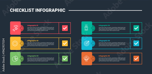 Checklist infographic process diagram with long round rectangle box container with square badge on side with dark background bright outline style 6 points