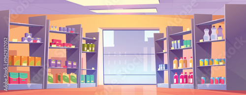 Cartoon supermarket aisle with large window