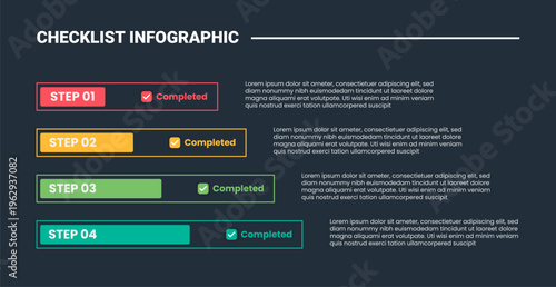 Checklist infographic process diagram with long rectangle outline box with different long on vertical stacked list with dark background bright outline style 4 points