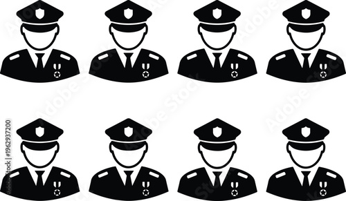 Eight stylized black and white icons of police officers in uniform with medals, representing law enforcement and authority.