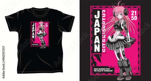 Cyberpunk anime girl with robotic arm and pink hair on black t-shirt design
