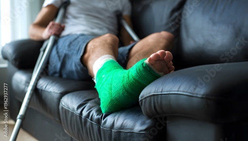 A man with a bright green cast on his injured foot is resting on a dark leather couch indoors holding crutches receiving treatment during recovery