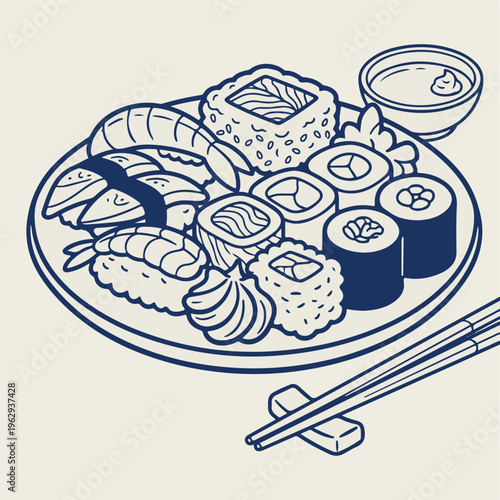 Sushi Set with Chopsticks Line Art Illustration