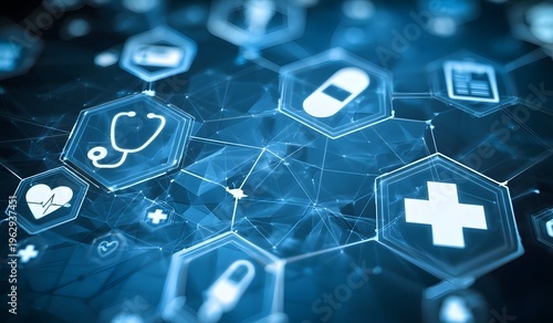 Glowing medical icons in an interconnected blue digital network symbolizing global healthcare technology and data innovation