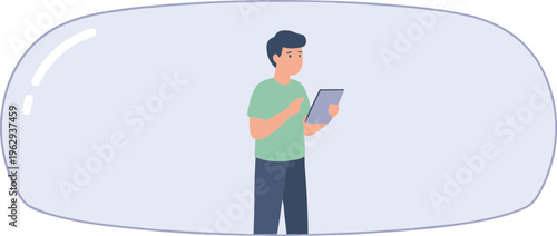 Man standing in front holding tablet indoors with graphic design