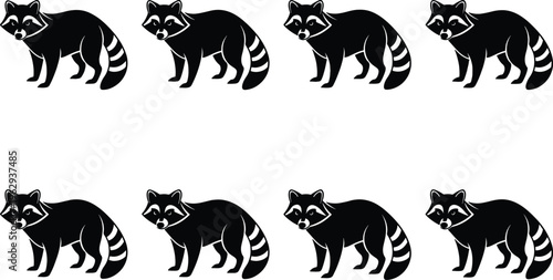 Collection of black and white raccoon silhouettes, showcasing the distinctive masked face and striped tail of the animal.