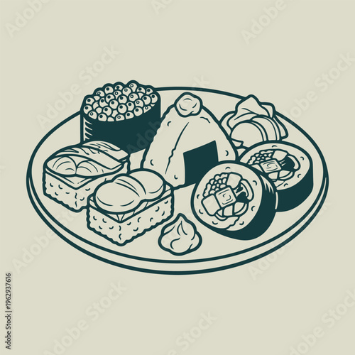 Sushi Plate with Onigiri and Rolls Line Drawing