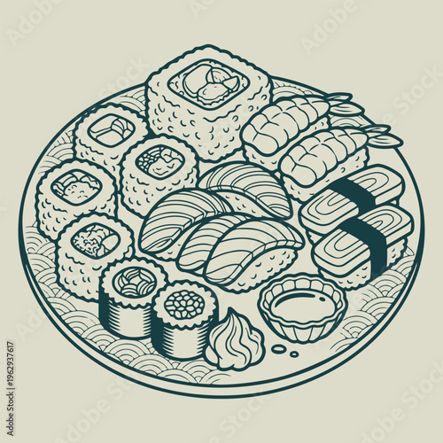 Assorted Sushi Platter Line Art Illustration