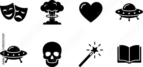 Iconic Movie Genres. Movie genres. Filled icon set of Movie genres: comedy mask, drama mask, action explosion,
