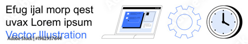 Technology, workflow, time management, digital design, software interface, productivity. A laptop screen with design elements, a gear and a clock. Technology and workflow concepts