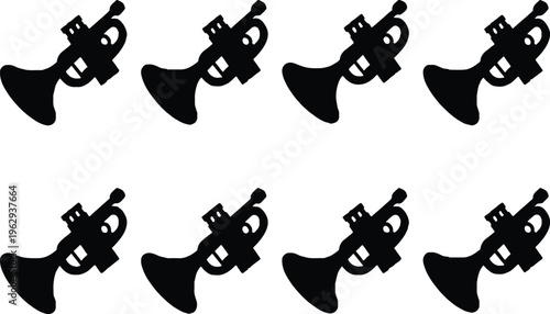A repeating pattern of black trumpet silhouettes, symbolizing music, performance, celebration, and brass instruments.